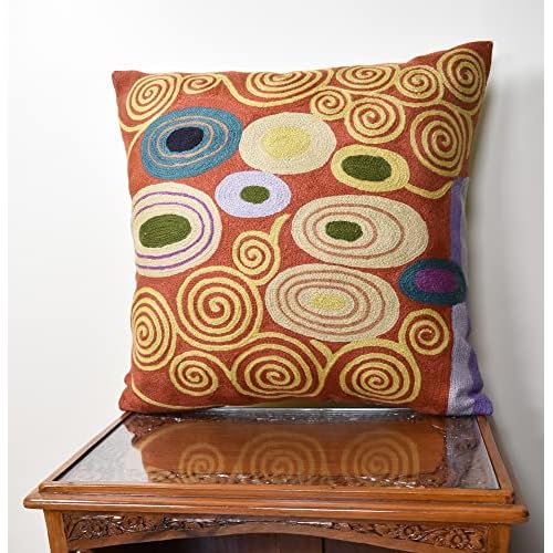 Klimt Rust Pillow Cover | Art Nouveau Bronze Pillows | Mid Century Modern Copper Pillowcase | Modern Chair Cushion | Modern Farmhouse Pillows | Hand Embroidered Wool Size 18x18