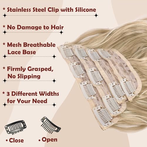 Clip-In Hair Extensions 24 Inch Blonde Highlights - 4 Pcs Thick Wavy Synthetic Blend, Dirty Blonde Variation