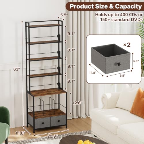6-Tier Media Storage Rack for Vinyl Records, CDs, DVDs & Books