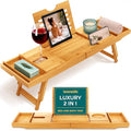 Bamboo Bath Caddy Tray for Tub & Bed with Adjustable Arms, Waterproof, Wine & Soap Holder