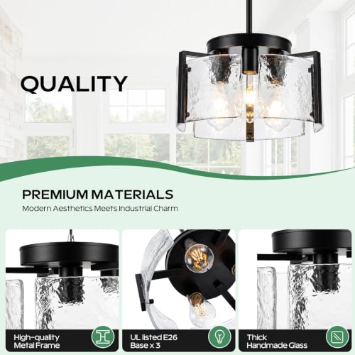 Black 14-Inch 2-in-1 Convertible Pendant & Flush Mount Chandelier - Modern Farmhouse Lighting Fixture for Dining Room, Kitchen, Entryway
