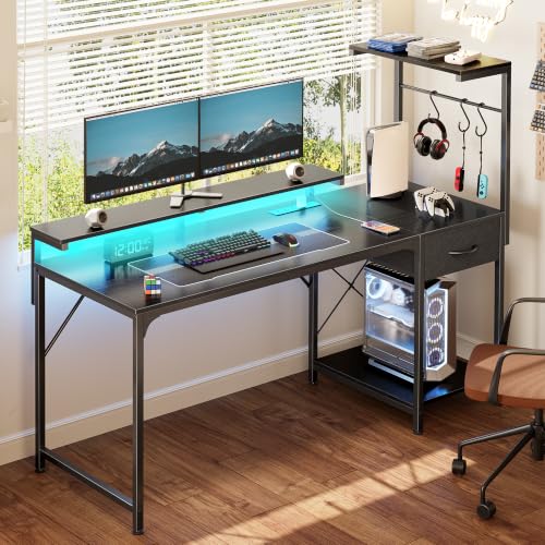 Gaming Desk with LED Lights & Power Outlets - 55.1 Inch Black Gaming Table