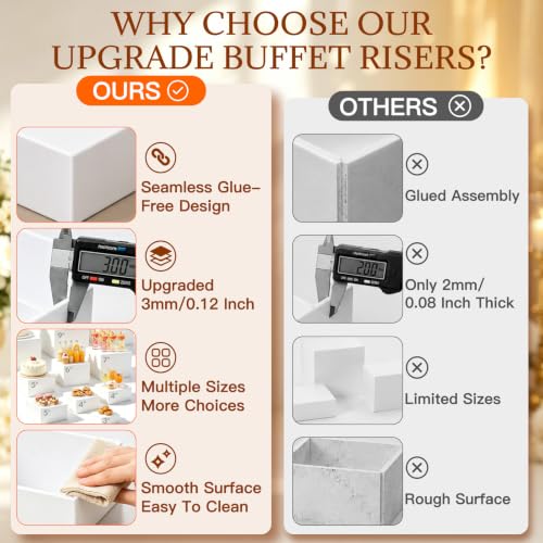 Cherizia 10-Piece White Acrylic Buffet Risers Set with Mini Sign Tongs & Cake Cutter - 3 to 10 Inch Variations