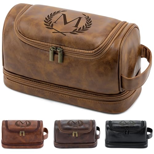 Personalized Gifts Travel Toiletry Bag for Men Him, Laser-Engraved Initial PU Leather Waterproof Shaving Bag Christmas Birthday Gift for Men Dad Husband Boyfriend Groomsmen, Light Brown M