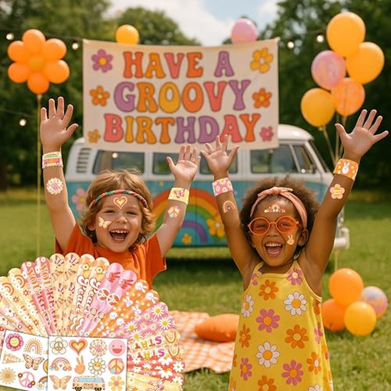 48PCS Groovy Party Set - 24PCS Temporary Tattoos & 24PCS Slap Bracelets - 70s Retro Birthday Supplies, Baby Shower Gifts, Classroom Rewards & Party Decor for Kids (Boys & Girls)