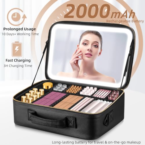 JJhxr Black 15'' Large Capacity Makeup Bag with LED Mirror & Adjustable Brightness