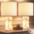 White 23-Inch Alabaster Table Lamp Set of 2 - Modern Marble Nightstand Lamps with Linen Shade, Touch Control & 3-Level Dimming