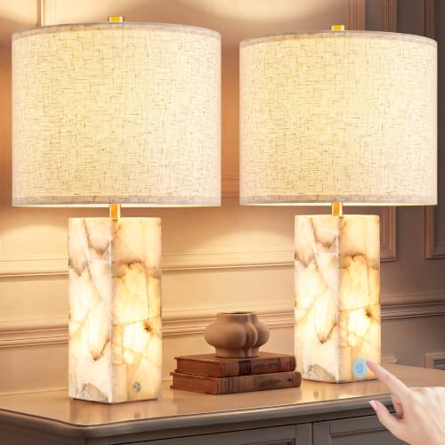 White 23-Inch Alabaster Table Lamp Set of 2 - Modern Marble Nightstand Lamps with Linen Shade, Touch Control & 3-Level Dimming