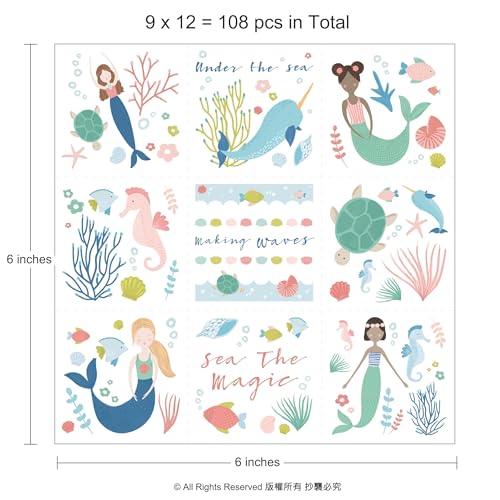 Cheerland Mermaid Temporary Tattoos Under the Sea Creature Stickers Underwater Arts for Ocean Theme Birthday Decoration Beach Baby Shower Picnic School Rewards Party Favors 108pcs