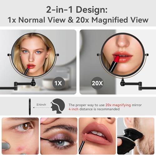 GURUN 8-Inch Wall Mount Makeup Mirror with 20X Magnification for Bathroom - 360¡Æ Rotation & Extended Arm Oil-Rubbed Bronze Dual-Sided Bathroom Mirror for Makeup, Skincare M1207T(8in,20X)