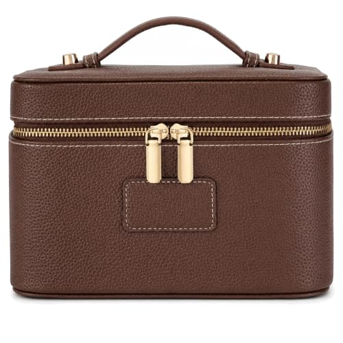 Brown Coffee Leather Makeup Bag Travel Toiletry Organizer with Removable Waterproof Divider