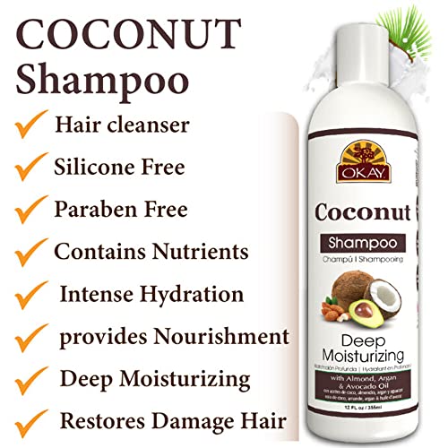 Okay Coconut Deep Moisturizing Shampoo Helps Replenish Moisture And Elasticity For Healthy Strong Hair Sulfate,Silicone,Paraben Free For All Hair Types and Textures Made in USA 12oz