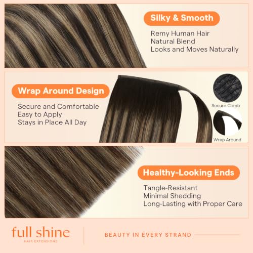 Deep Mocha Brown Balayage Ponytail Extension 12 Inch - Human Hair, Easy Clip-On Style - Full Shine Variation #2/8/2