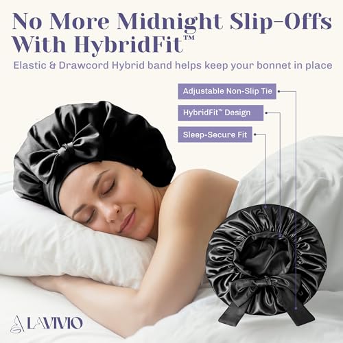 Black Mulberry Silk Bonnet for Hair - Double-Layered 22 Momme Sleep Cap with Adjustable Non-Slip Tie