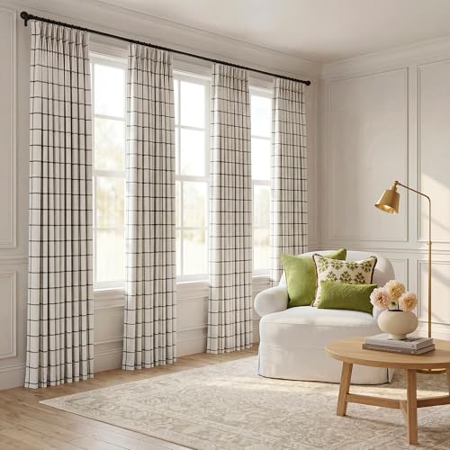 Black Pinch Pleated Curtains - Buffalo Plaid Linen Drapes, Thermal Insulated, 40W x 84L, 2 Panels Set