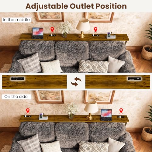 110 Inch Narrow Sofa Table with Charging Station - Rustic Brown, Extra Long Console Behind Couch