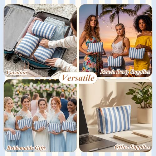 Blue Striped Makeup Bags Bulk Set - 12 Reusable Canvas Cosmetic Organizers
