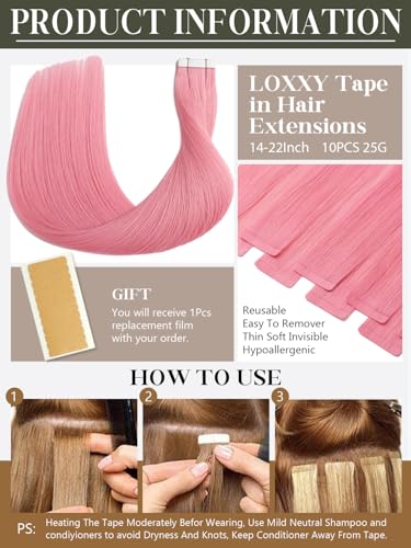 Hair Extensions Tape in Human Hair 14 Inch Pink 10 Pcs 25g - Silky Soft & Reusable