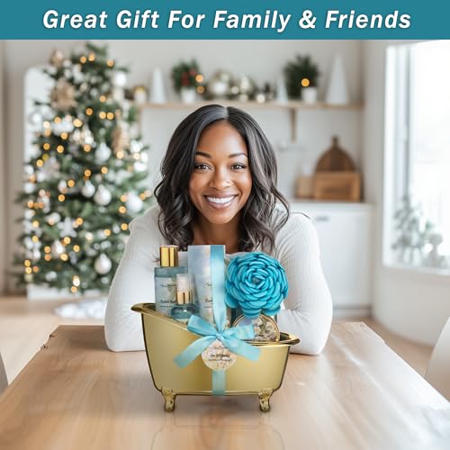 Spa Gift Baskets For Women - Luxury Bath Set With Jasmine & Lavender - Spa Kit Includes Body Wash, Bubble Bath, Lotion, Bath Salts, Body Scrub, Body Spray, Shower Puff, and Towel