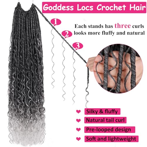 24 Inch Goddess Locs Crochet Hair - Boho Faux Locs with Curl End, Ombre Grey, Pre-Looped, 9 PCS