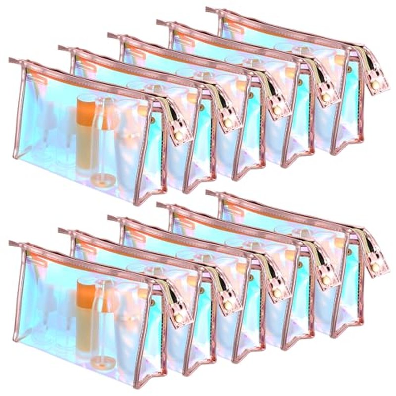 10 Pcs Iridescent Makeup Bag Clear Holographic Makeup Bag Bulk Portable Waterproof PVC Zipper Toiletry Travel Makeup Bags for Women Mother's Day Bride Bridesmaids Gifts Pink