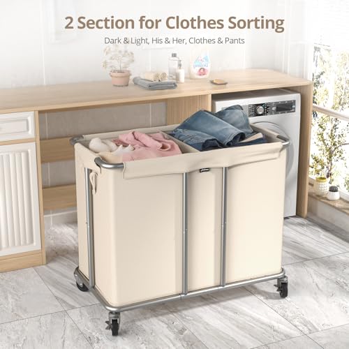 Hodonas 2-Section Rolling Laundry Hamper Beige 31.5"L x 15.75"W x 30.7"H