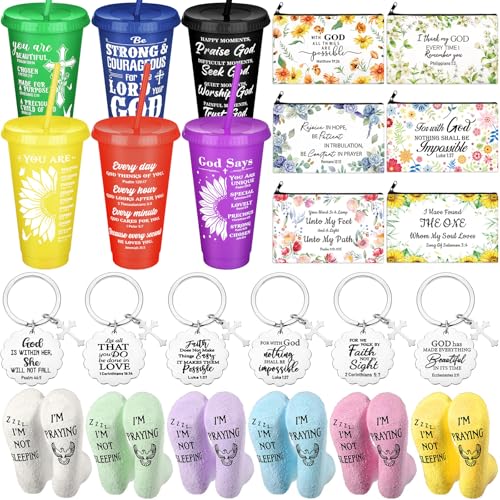 Inspirational Christian Gifts Set with Bible Verse Tumblers Socks Makeup Bags and Keychains
