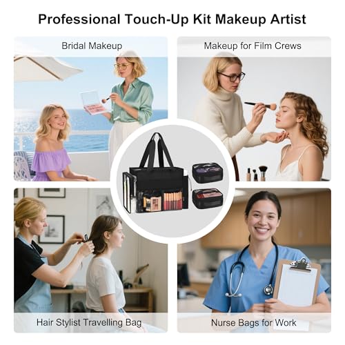 TANTO Travel Makeup Bag, Professional Makeup Artist Bag Tote Bags with 2*bag Extra Large Hair Stylist Travelling Duffle Bag Cosmetic Organizer with Dividers, Gifts for Makeup Beauty Lover (Black