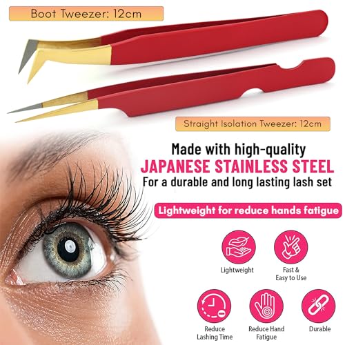 My Lash Tools Fiber Tip Lash Tweezers set for Eyelash Extensions Pro Tweezer for Volume Lashes Japanese Stainless Steel Mink Lashes Fan Making Mega Volume Boot Lashing Tweezers (Gold with Gold Tip)