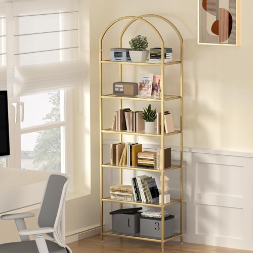 Tall Gold Bookshelf with Glass Shelves - 6 Tiers, Arched Design, 73.6"H