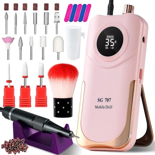 Pink Cordless Professional Nail Drill Kit 35000RPM with LCD Display & 14 Bits