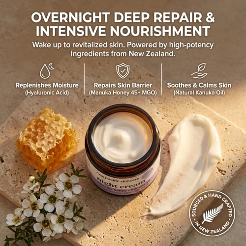 Manuka Honey 45+ MGO Night Cream with Kanuka Oil - Deep Hydation, Anti-Wrinkle Face Moisturizer with Hyaluronic Acid & Vitamin C, 2oz | 2.5 month supply