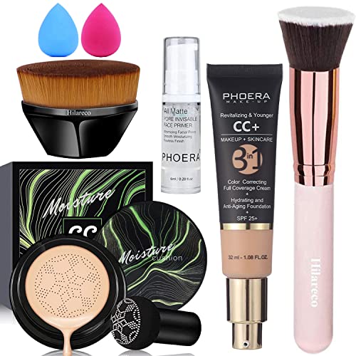 Hilareco Air Cushion CC Cream Foundation Set 0.17oz x6 SPF Color Correcting Hydrating Primer - #03 Warm Nude + #120 Nude