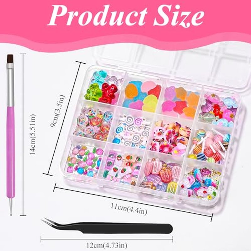 3D Candy Nail Charms, Multi Color Sweet Lollipop Donuts Doughnut Gummy Star Heart Bears Cute Candy Jewelry Nail Charms with Pickup Tools for Nail Art DIY Decorations Design