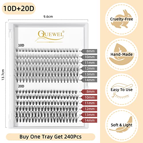 Cluster Lashes 240Pcs Individual Lashes 10D+20D D Curl Mix8-14mm & Cluster Lashes 72 Pcs Wide Stem Individual Lashes C/D Curl 8-16mm