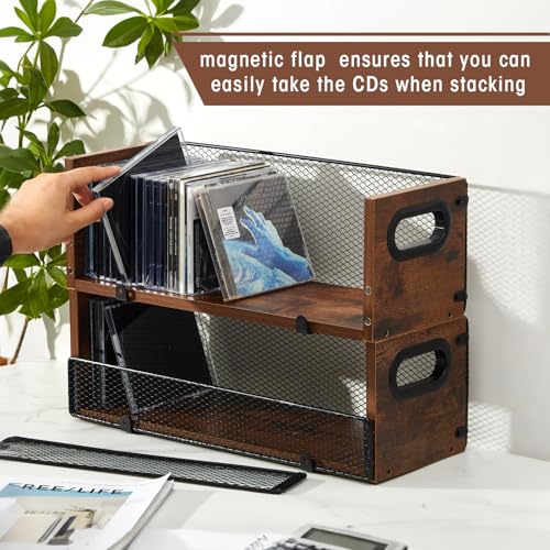 Geelin 4-Pack Wooden CD Storage Box with Metal Mesh Door - Retro Music Organizer