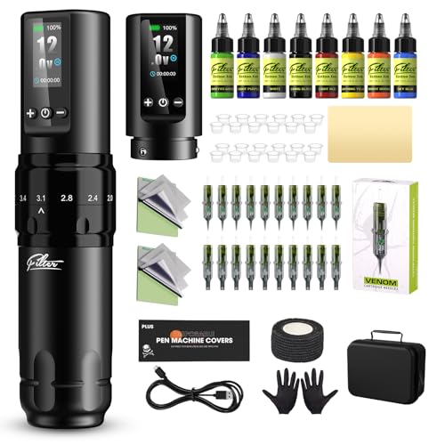 Filter Tattoo Machine Kit with 7 Stroke Settings, 1600mAh Battery & 20 Needles