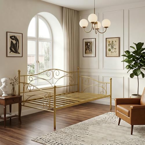 Gold Twin Size Metal Daybed Frame with Headboard, Modern Support & Storage
