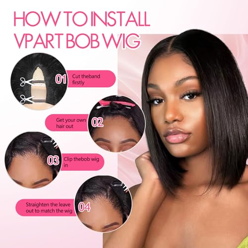 12 Inch V Part Human Hair Bob Wig for Black Women - Glueless, Beginner Friendly