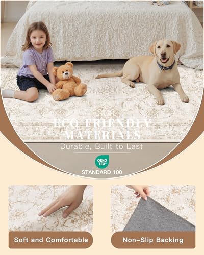 Madane 8x10 Washable Area Rug for Living Room - Natural Ivory, Soft & Non-Slip