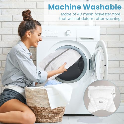 Bath Pillow, Luxury Bathtub Pillows for Neck and Back Support,Bath Tub Pillow with Soft 4D Breathable Mesh Fabric and Nonslip Suction Cups,Relaxing Bath Accessories Spa Gifts .(Wave White)