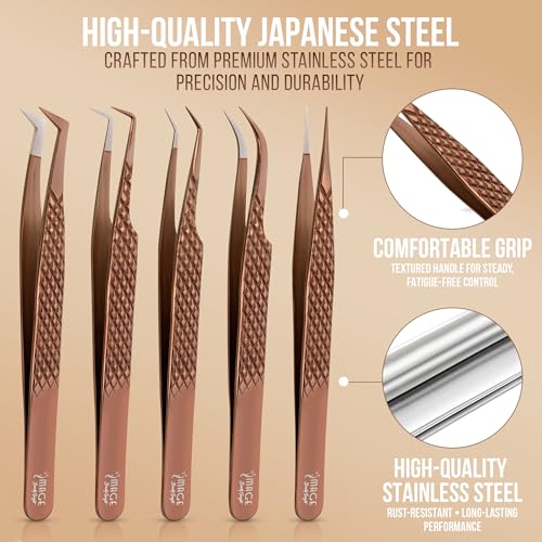 Rose Gold Fiber Tip Eyelash Extension Tweezers 5 Pcs Set with Leather Case