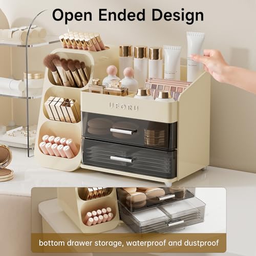 Cream White UFORU Makeup Organizer with Brush Holder for Vanity & Bathroom