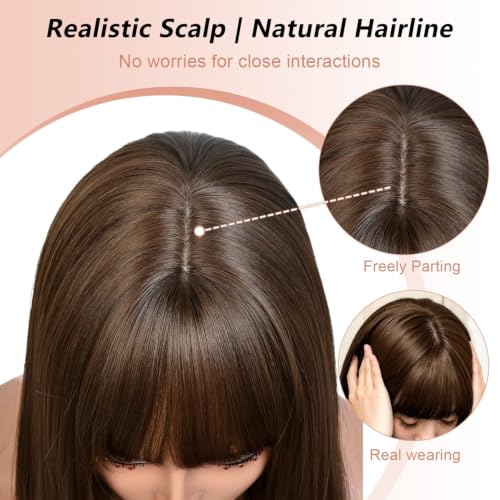 Brown Layered Wig with Bangs for Women - Realistic Scalp, Style Variations Blonde Highlight