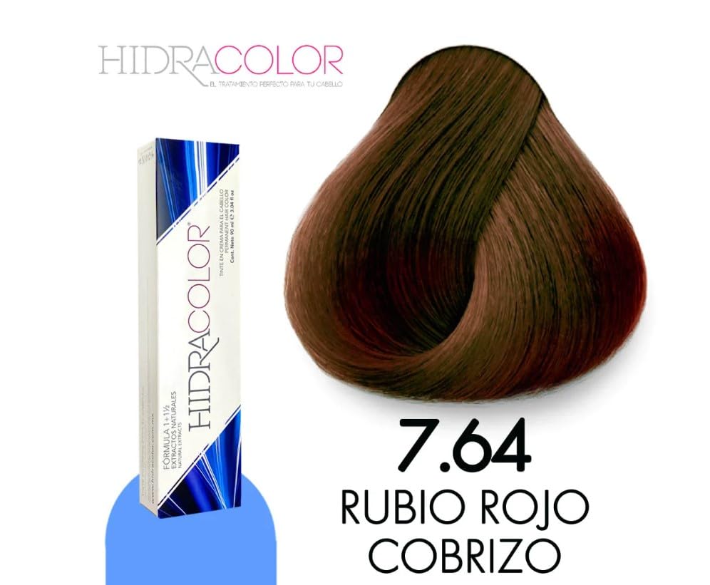 HidraColor Professional Hair Color Cream, Permanent Hair Dye, 90ml, 3.04 Fl Oz (7.64 Rubio Rojo Cobrizo, 3.4 fl oz)