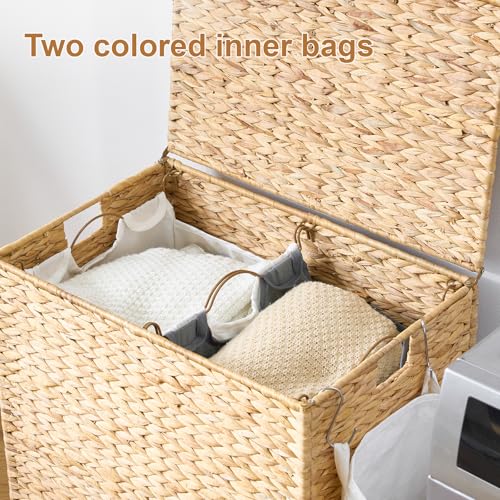 Laundry Hamper with Wheels 40.92 Gallon Water Hyacinth Wicker Basket with Lid & Removable Liners - Natural, 23.62 x 15.75 x 25.6 inches