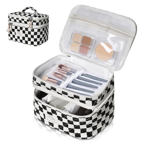 Gosect Large Capacity Quilted Makeup Bag - Black Checkered Travel Cosmetic Organizer for Women & Girls