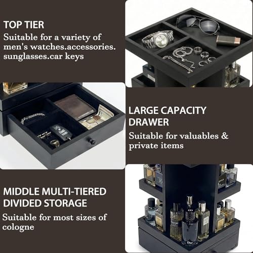 4-Tier Rotating Cologne Organizer for Men with Drawer - Modern Black
