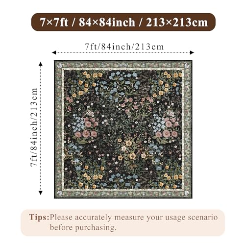 Black Square 7x7 ft Floral Area Rug - Non-Slip, Machine Washable, Indoor Carpet for Living Room Bedroom Office