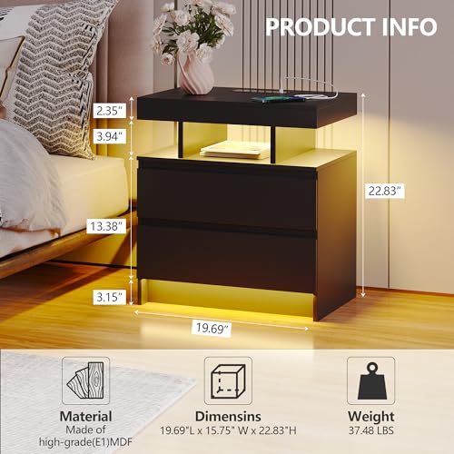 dnbss LED Nightstand with Charging Station & Dimmer, Black Variation